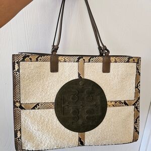Tory Burch Cream and Brown Snakeskin Tote